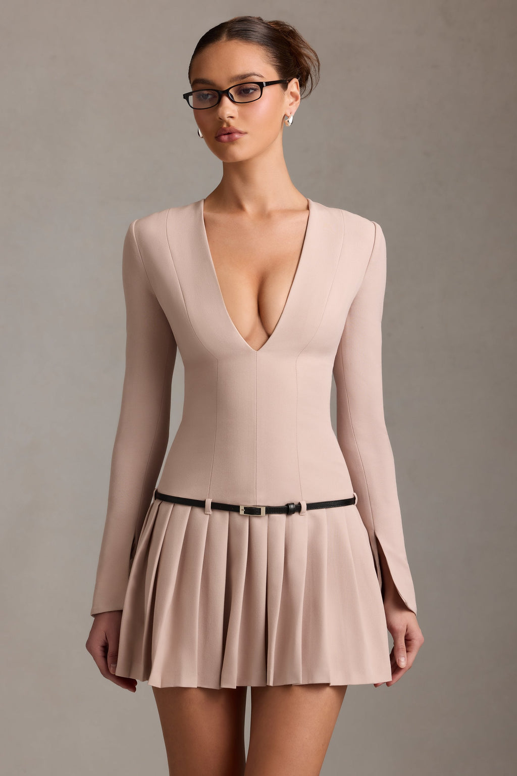 Long-Sleeve Pleated Mini Dress in Mushroom