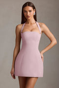 Pinstripe Halterneck Structured A-Line Mini Dress in Mauve