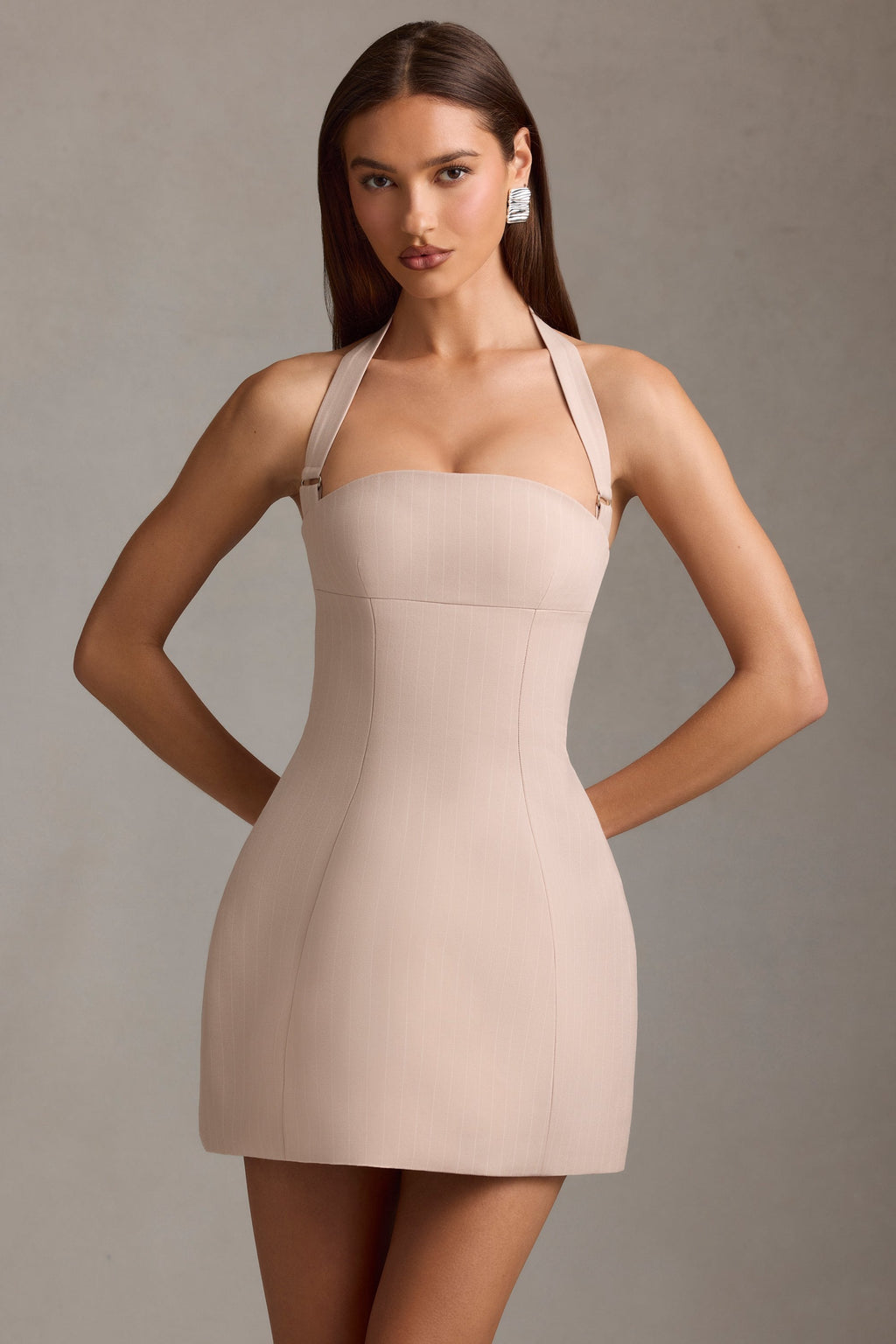 Pinstripe Halterneck Structured A-Line Mini Dress in Mushroom