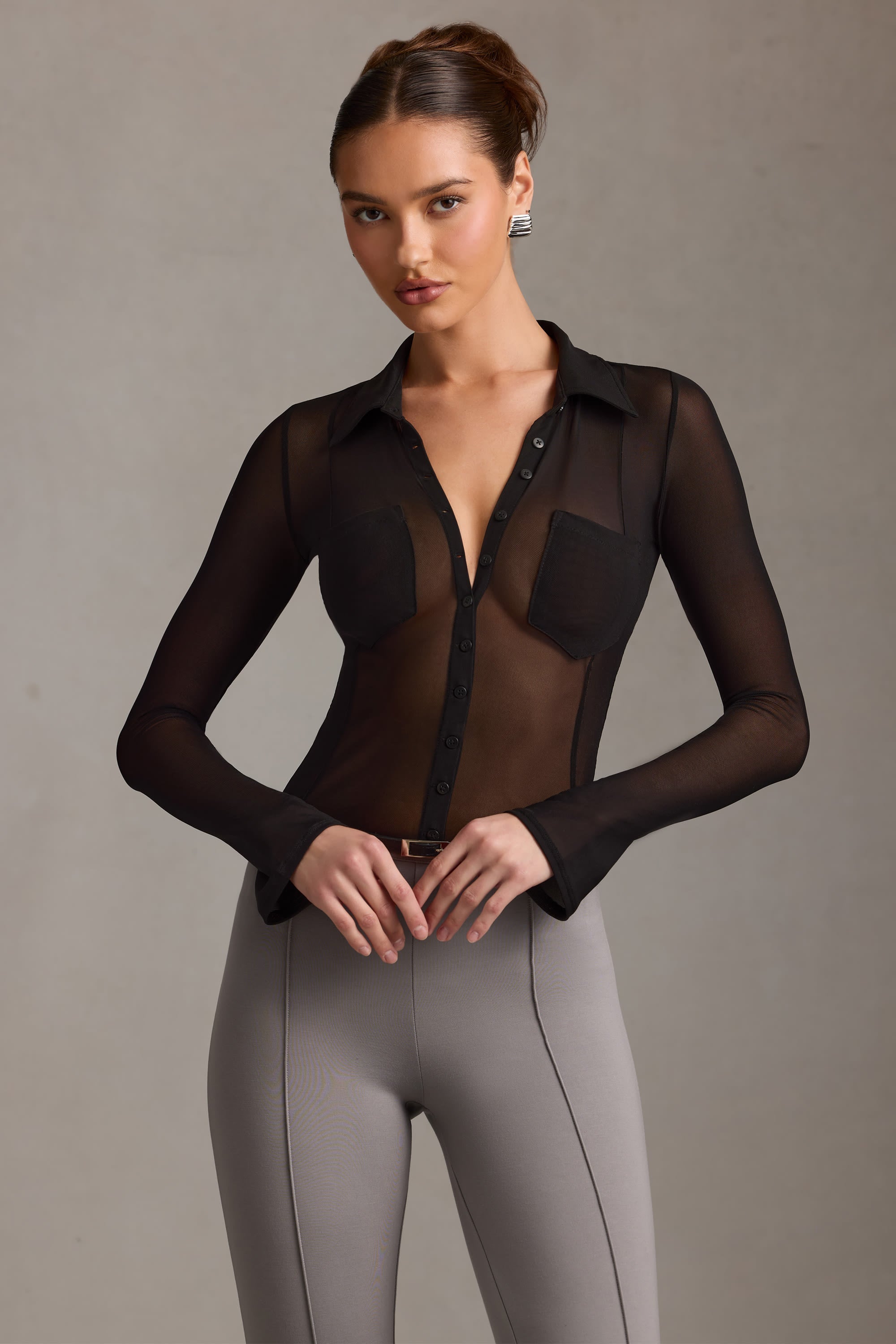 Sheer Long-Sleeve Shirt in Black