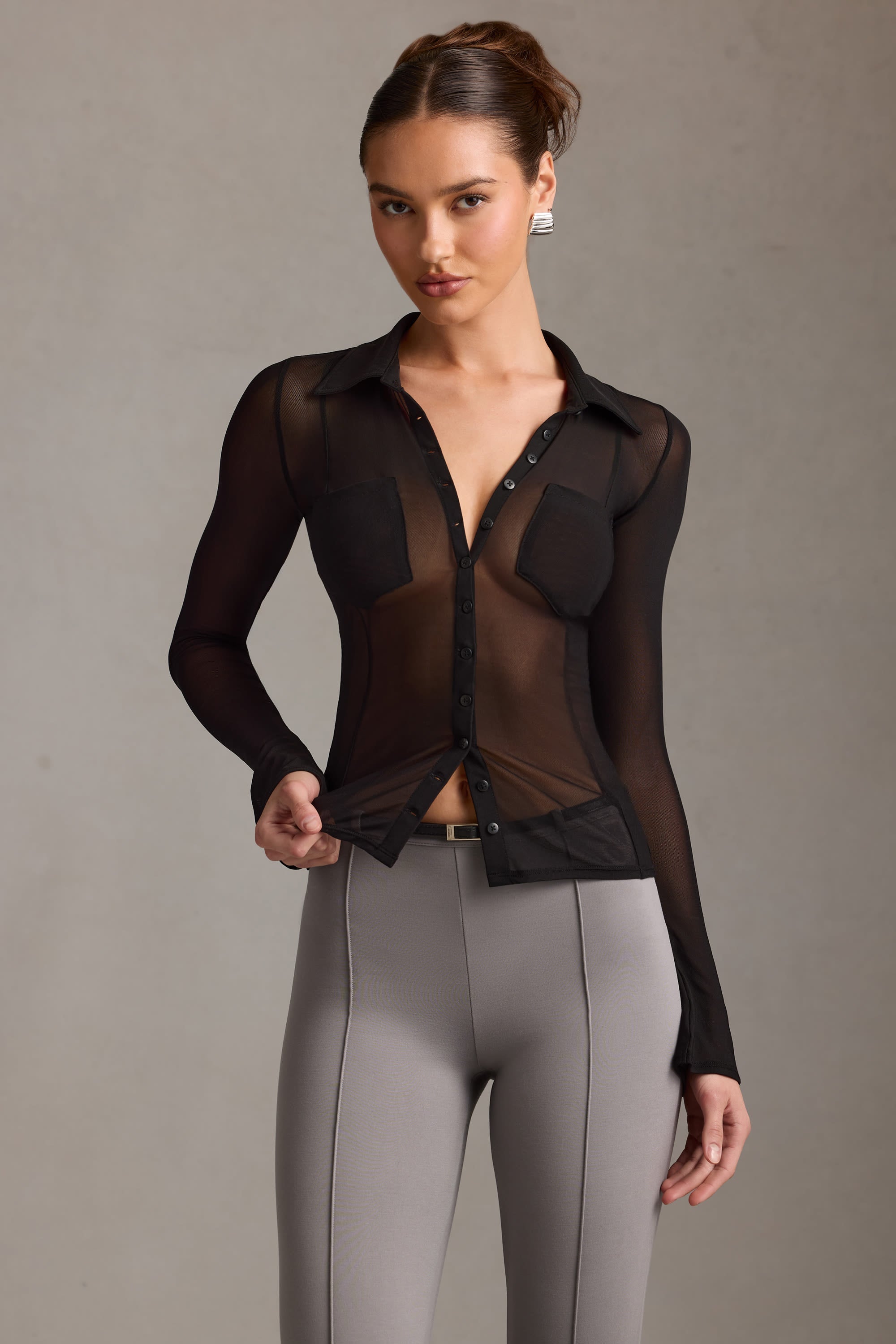 Sheer Long-Sleeve Shirt in Black