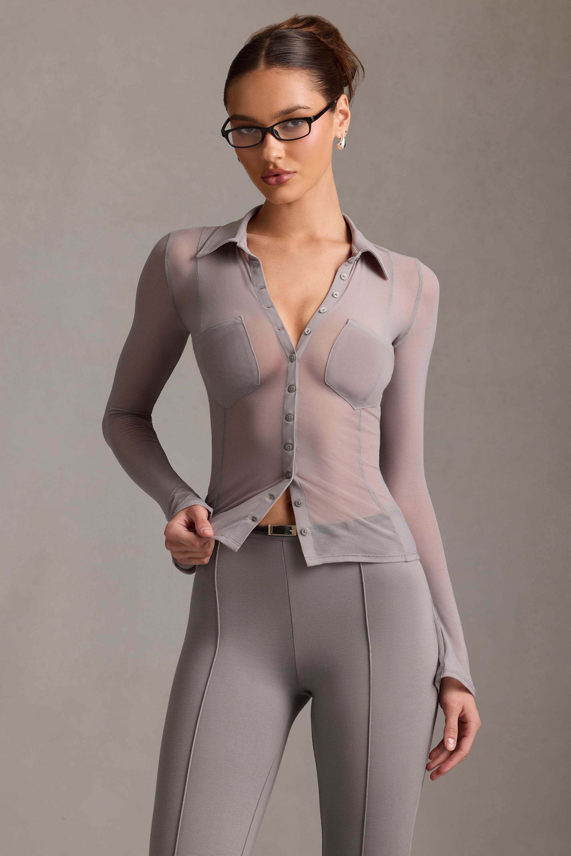 Sheer Long-Sleeve Shirt in Grey