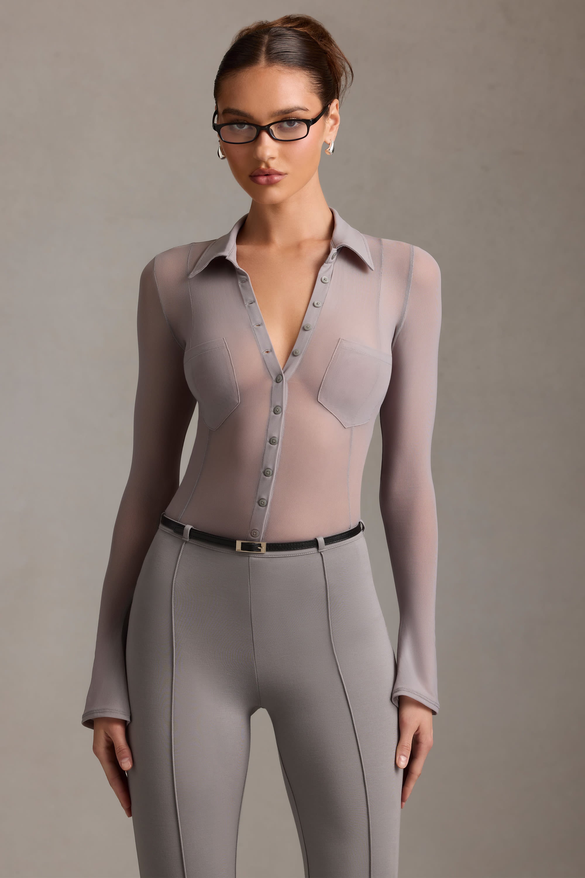 Sheer Long-Sleeve Shirt in Grey